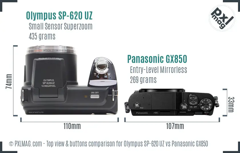 Olympus SP-620 UZ vs Panasonic GX850 top view buttons comparison