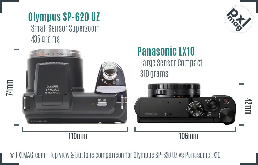 Olympus SP-620 UZ vs Panasonic LX10 top view buttons comparison