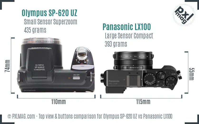 Olympus SP-620 UZ vs Panasonic LX100 top view buttons comparison