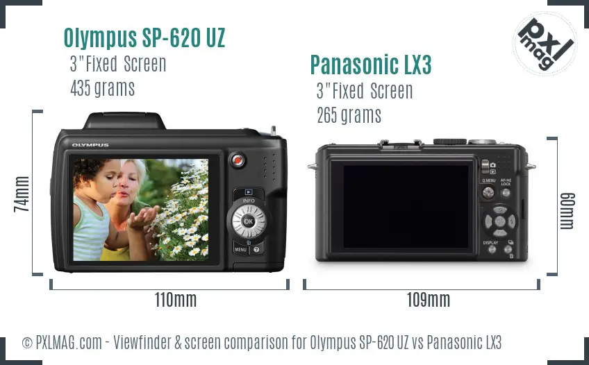 Olympus SP-620 UZ vs Panasonic LX3 Screen and Viewfinder comparison