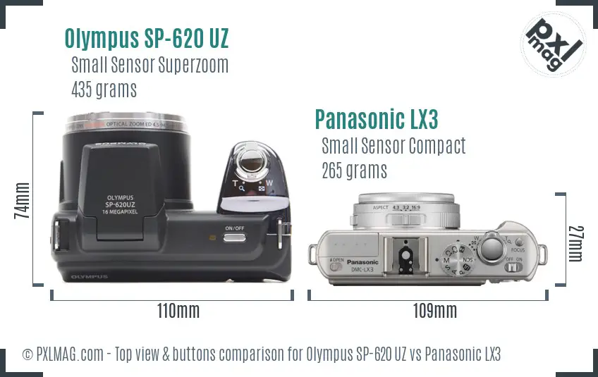 Olympus SP-620 UZ vs Panasonic LX3 top view buttons comparison
