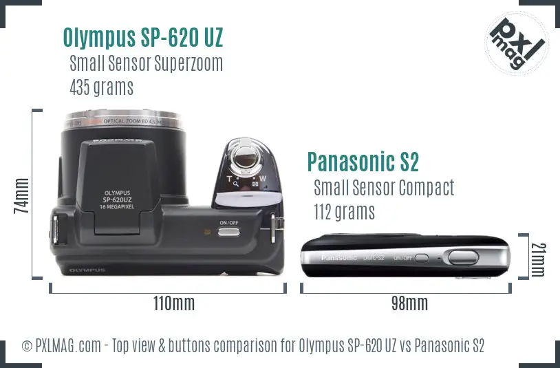 Olympus SP-620 UZ vs Panasonic S2 top view buttons comparison