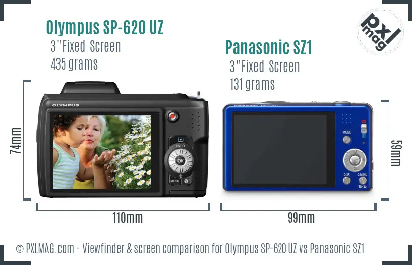 Olympus SP-620 UZ vs Panasonic SZ1 Screen and Viewfinder comparison
