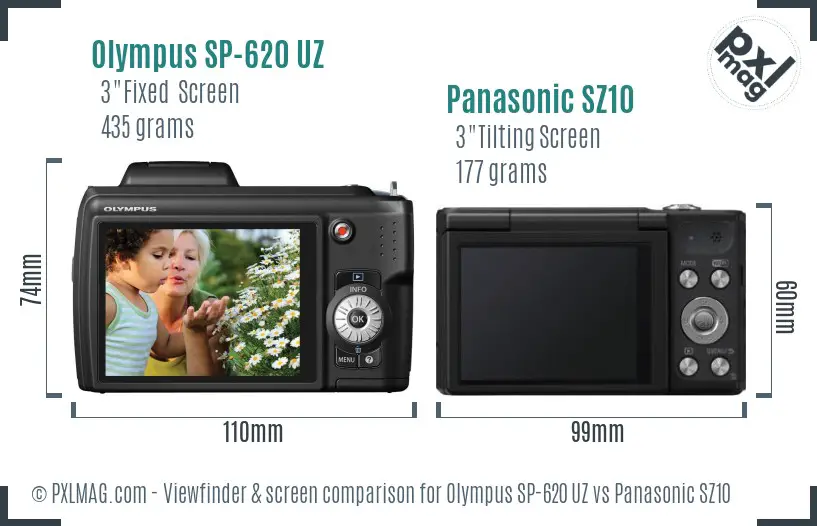 Olympus SP-620 UZ vs Panasonic SZ10 Screen and Viewfinder comparison