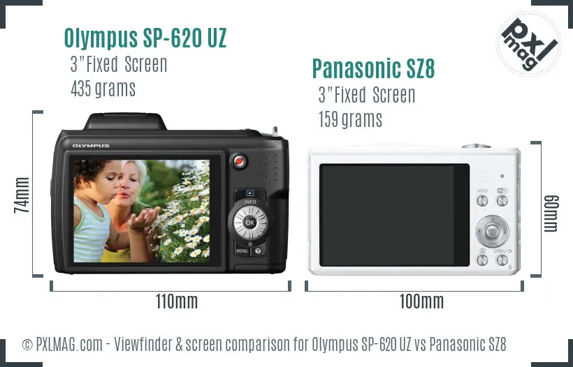 Olympus SP-620 UZ vs Panasonic SZ8 Screen and Viewfinder comparison