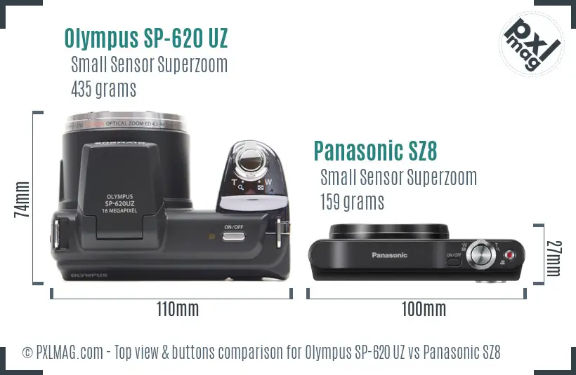 Olympus SP-620 UZ vs Panasonic SZ8 top view buttons comparison