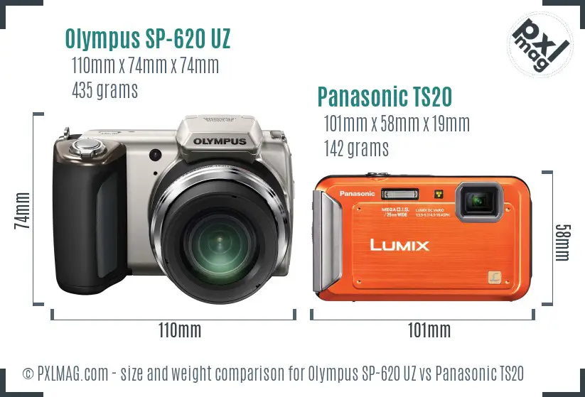 Olympus SP-620 UZ vs Panasonic TS20 size comparison