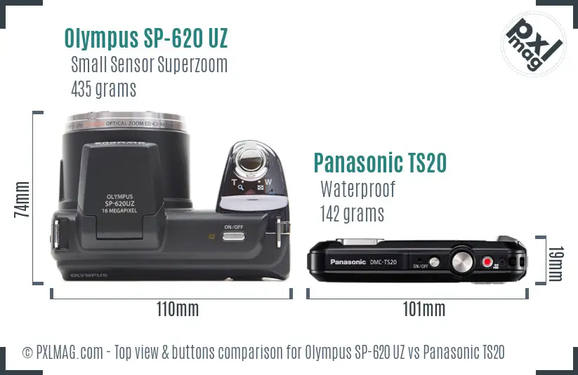 Olympus SP-620 UZ vs Panasonic TS20 top view buttons comparison