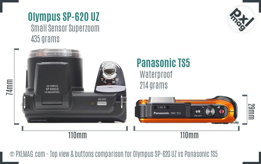 Olympus SP-620 UZ vs Panasonic TS5 top view buttons comparison