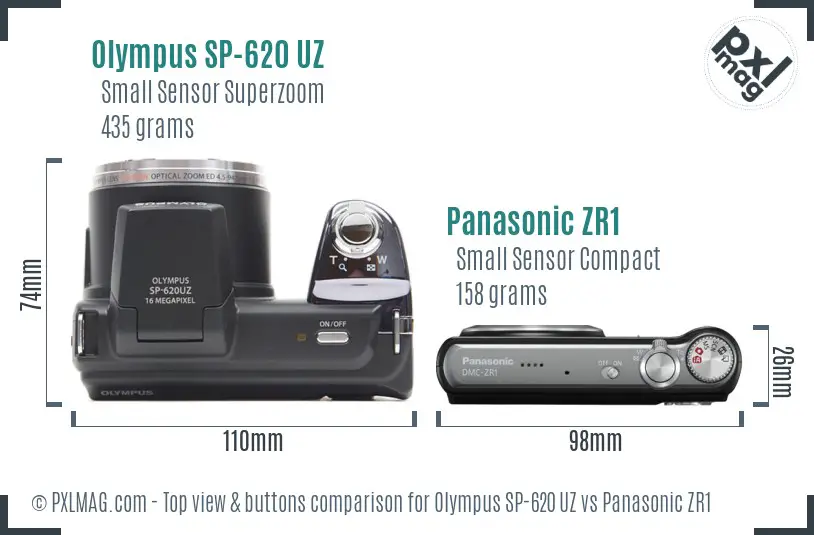 Olympus SP-620 UZ vs Panasonic ZR1 top view buttons comparison