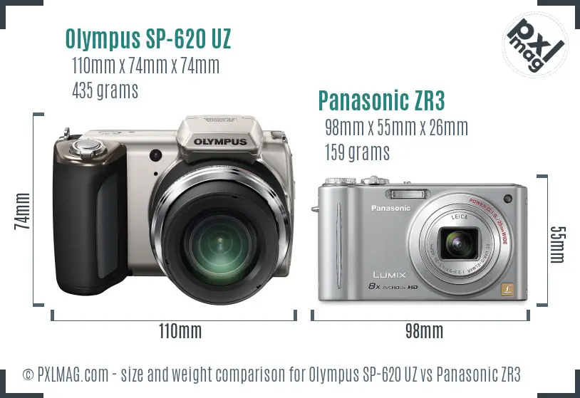 Olympus SP-620 UZ vs Panasonic ZR3 size comparison