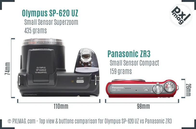 Olympus SP-620 UZ vs Panasonic ZR3 top view buttons comparison