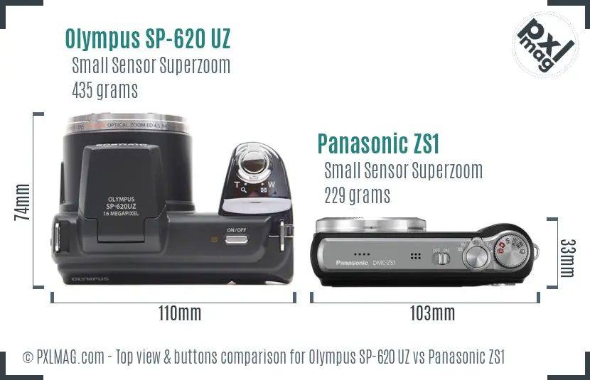Olympus SP-620 UZ vs Panasonic ZS1 top view buttons comparison