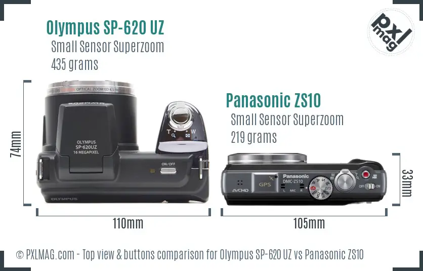 Olympus SP-620 UZ vs Panasonic ZS10 top view buttons comparison