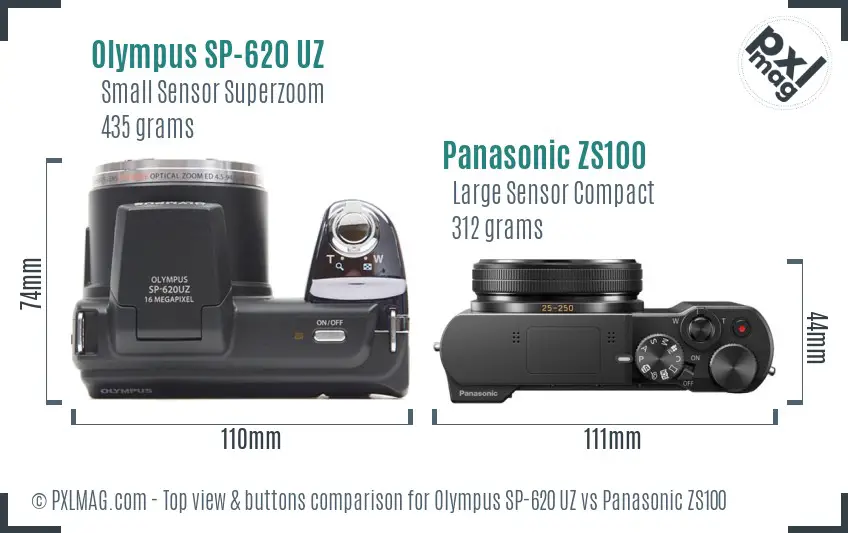 Olympus SP-620 UZ vs Panasonic ZS100 top view buttons comparison