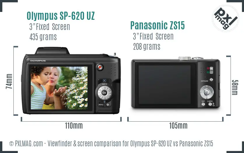 Olympus SP-620 UZ vs Panasonic ZS15 Screen and Viewfinder comparison