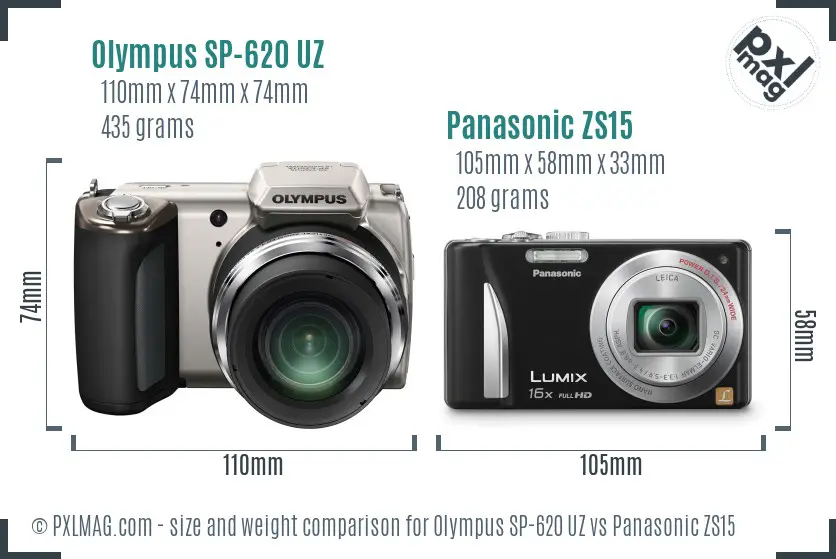 Olympus SP-620 UZ vs Panasonic ZS15 size comparison