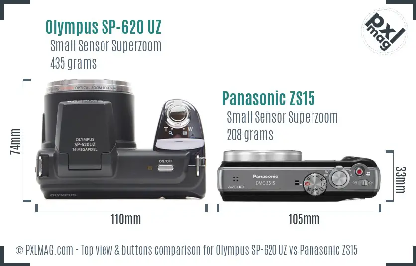 Olympus SP-620 UZ vs Panasonic ZS15 top view buttons comparison