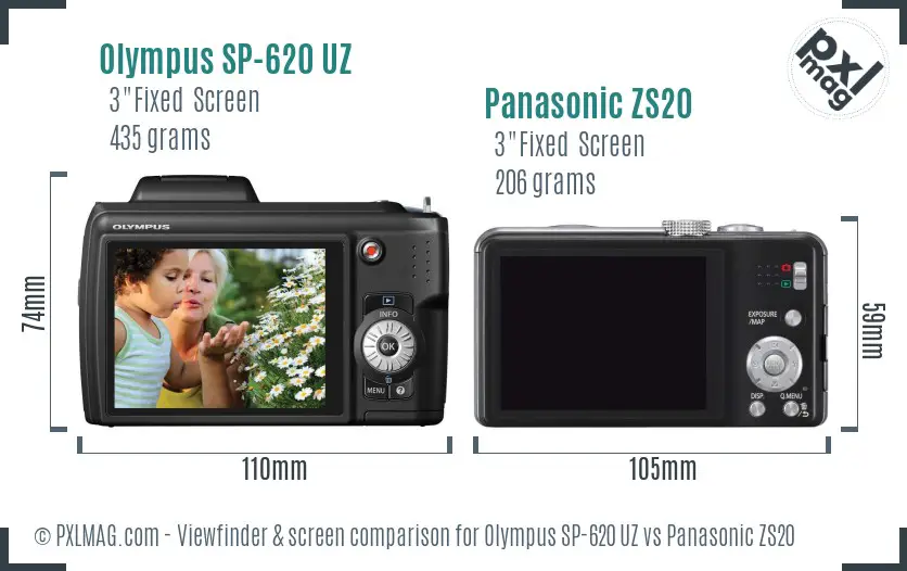 Olympus SP-620 UZ vs Panasonic ZS20 Screen and Viewfinder comparison
