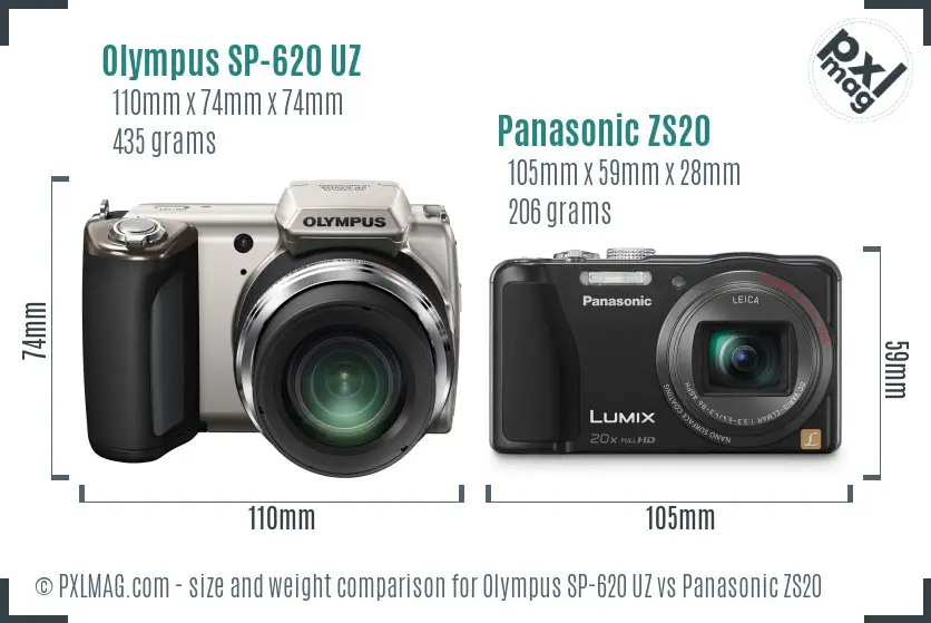 Olympus SP-620 UZ vs Panasonic ZS20 size comparison