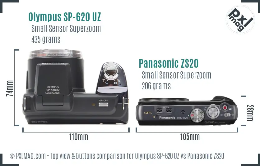 Olympus SP-620 UZ vs Panasonic ZS20 top view buttons comparison