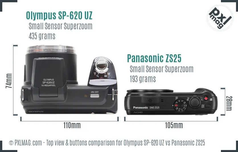 Olympus SP-620 UZ vs Panasonic ZS25 top view buttons comparison