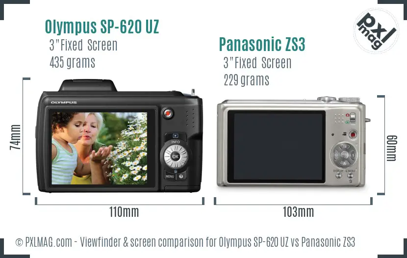 Olympus SP-620 UZ vs Panasonic ZS3 Screen and Viewfinder comparison