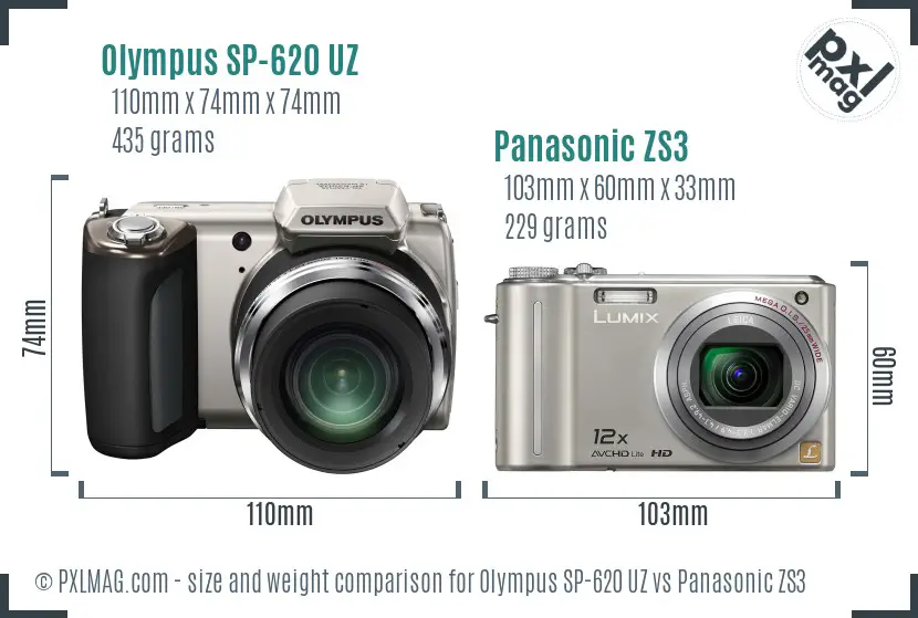 Olympus SP-620 UZ vs Panasonic ZS3 size comparison