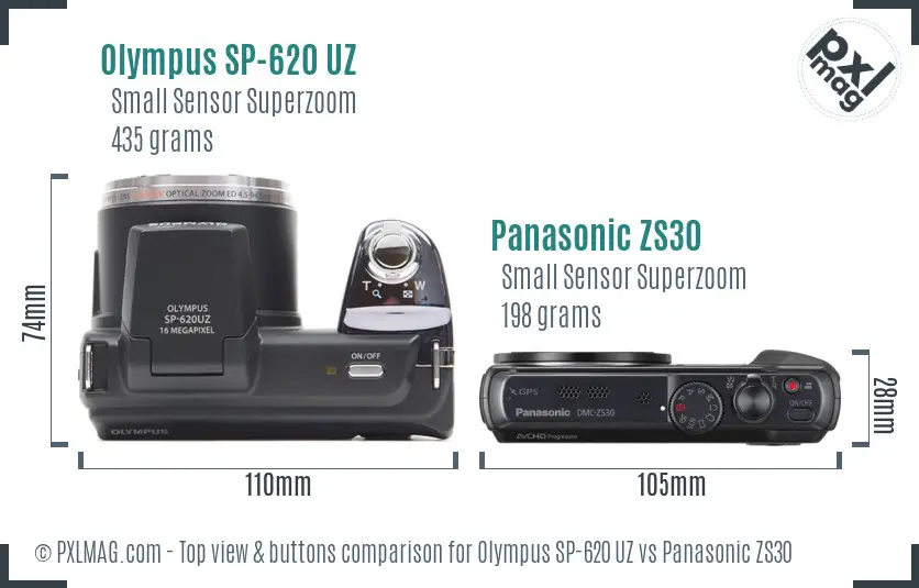 Olympus SP-620 UZ vs Panasonic ZS30 top view buttons comparison