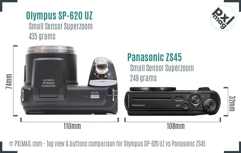 Olympus SP-620 UZ vs Panasonic ZS45 top view buttons comparison