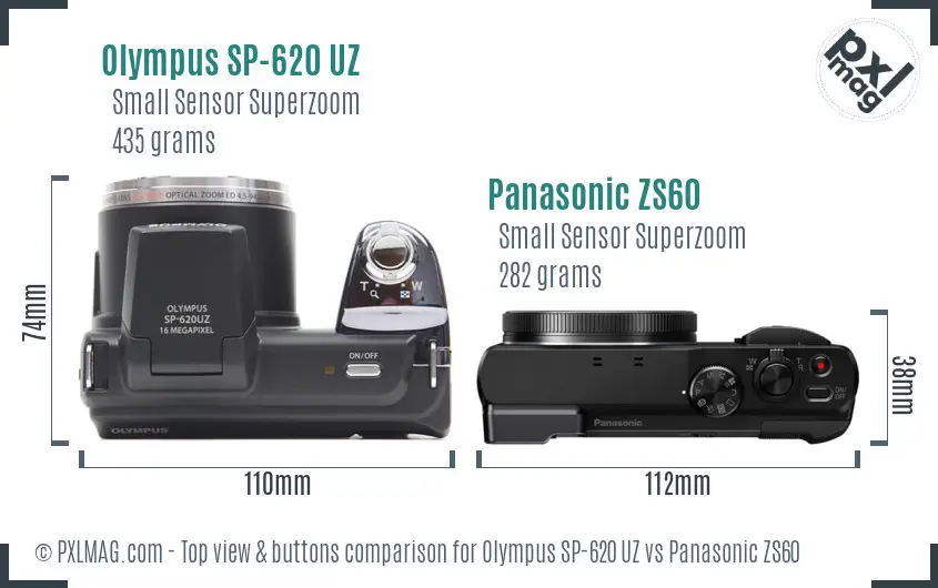 Olympus SP-620 UZ vs Panasonic ZS60 top view buttons comparison