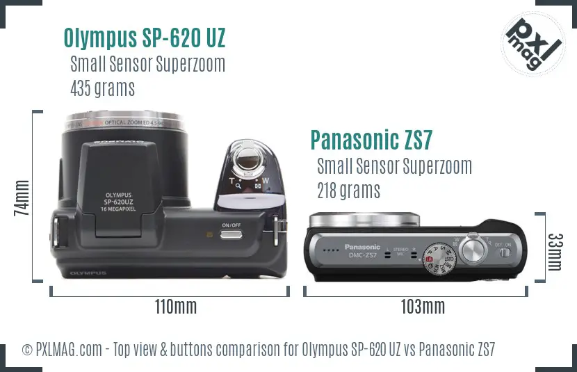 Olympus SP-620 UZ vs Panasonic ZS7 top view buttons comparison