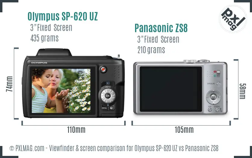 Olympus SP-620 UZ vs Panasonic ZS8 Screen and Viewfinder comparison