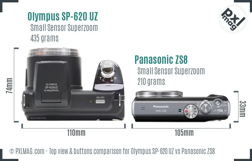 Olympus SP-620 UZ vs Panasonic ZS8 top view buttons comparison
