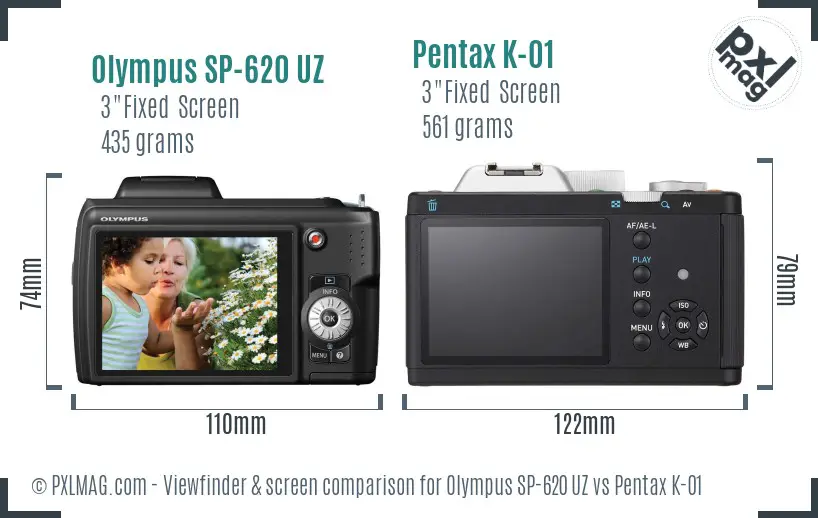 Olympus SP-620 UZ vs Pentax K-01 Screen and Viewfinder comparison
