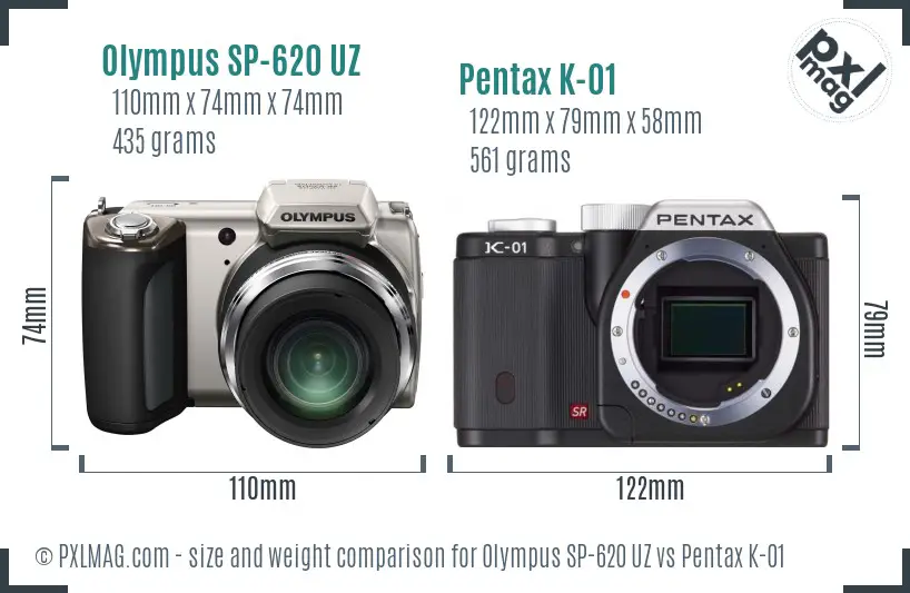 Olympus SP-620 UZ vs Pentax K-01 size comparison