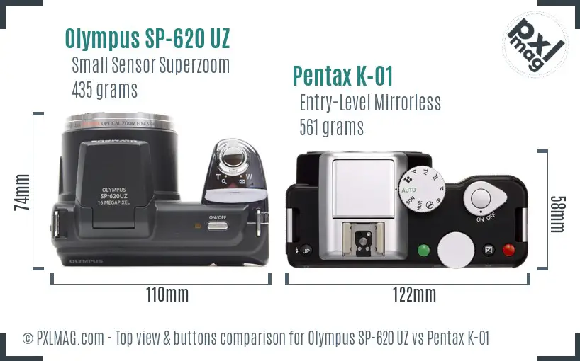 Olympus SP-620 UZ vs Pentax K-01 top view buttons comparison