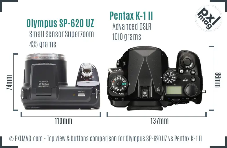 Olympus SP-620 UZ vs Pentax K-1 II top view buttons comparison