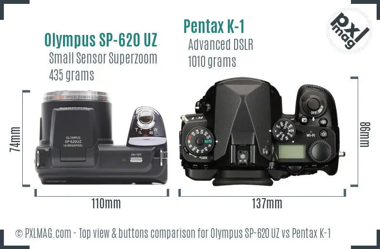 Olympus SP-620 UZ vs Pentax K-1 top view buttons comparison