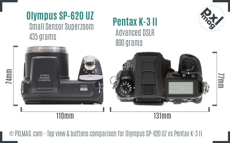 Olympus SP-620 UZ vs Pentax K-3 II top view buttons comparison
