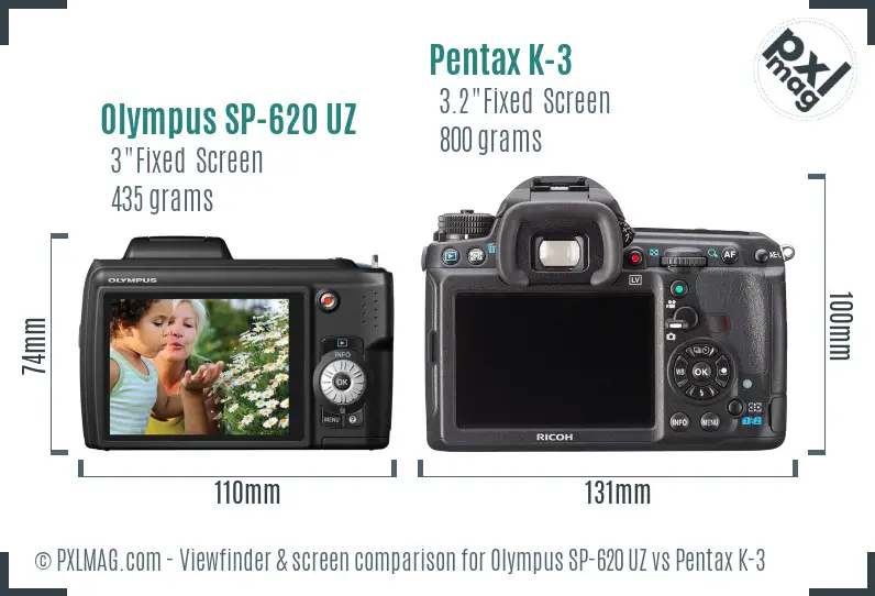 Olympus SP-620 UZ vs Pentax K-3 Screen and Viewfinder comparison