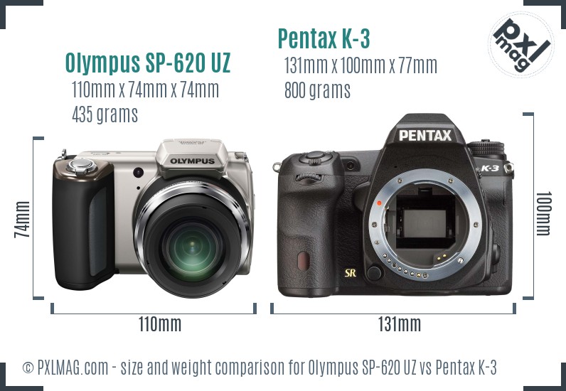 Olympus SP-620 UZ vs Pentax K-3 size comparison
