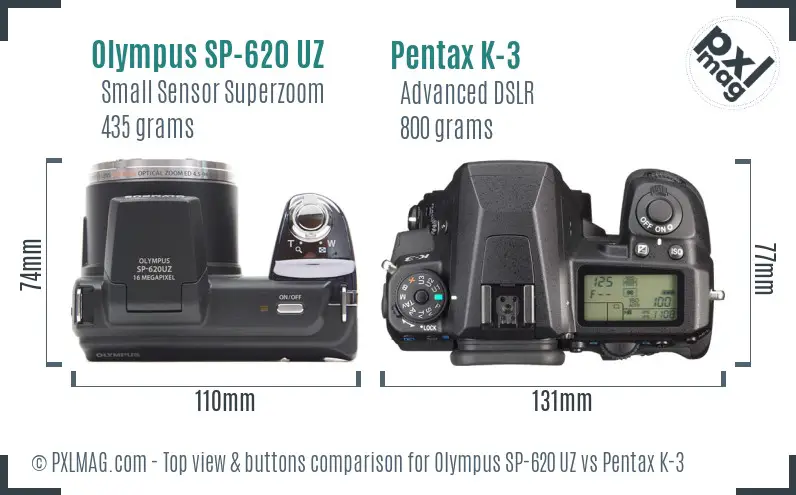 Olympus SP-620 UZ vs Pentax K-3 top view buttons comparison