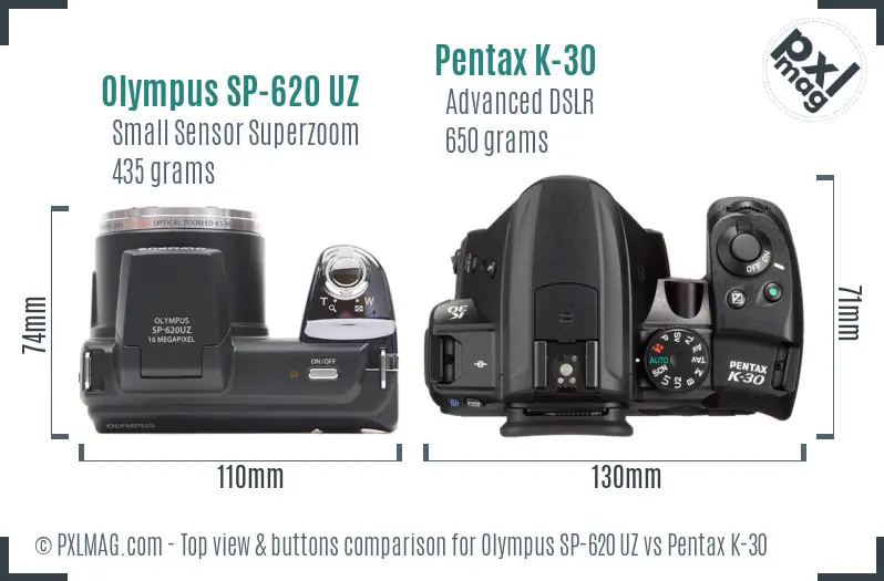 Olympus SP-620 UZ vs Pentax K-30 top view buttons comparison