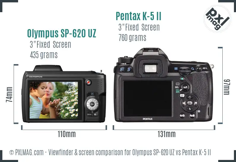 Olympus SP-620 UZ vs Pentax K-5 II Screen and Viewfinder comparison