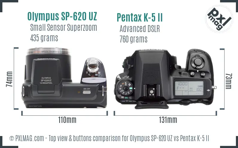 Olympus SP-620 UZ vs Pentax K-5 II top view buttons comparison