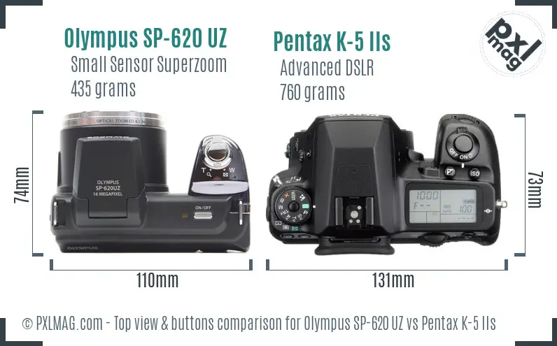 Olympus SP-620 UZ vs Pentax K-5 IIs top view buttons comparison