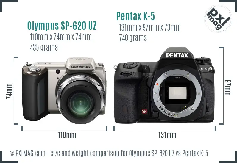 Olympus SP-620 UZ vs Pentax K-5 size comparison