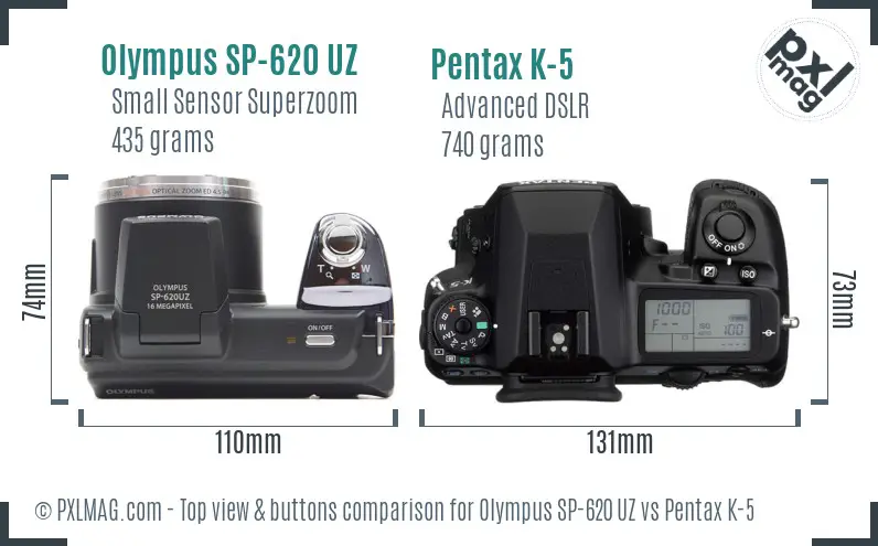 Olympus SP-620 UZ vs Pentax K-5 top view buttons comparison