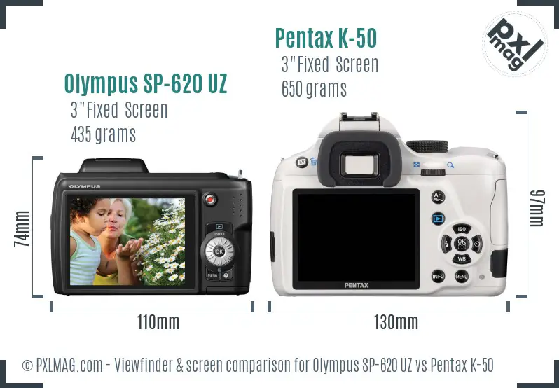 Olympus SP-620 UZ vs Pentax K-50 Screen and Viewfinder comparison